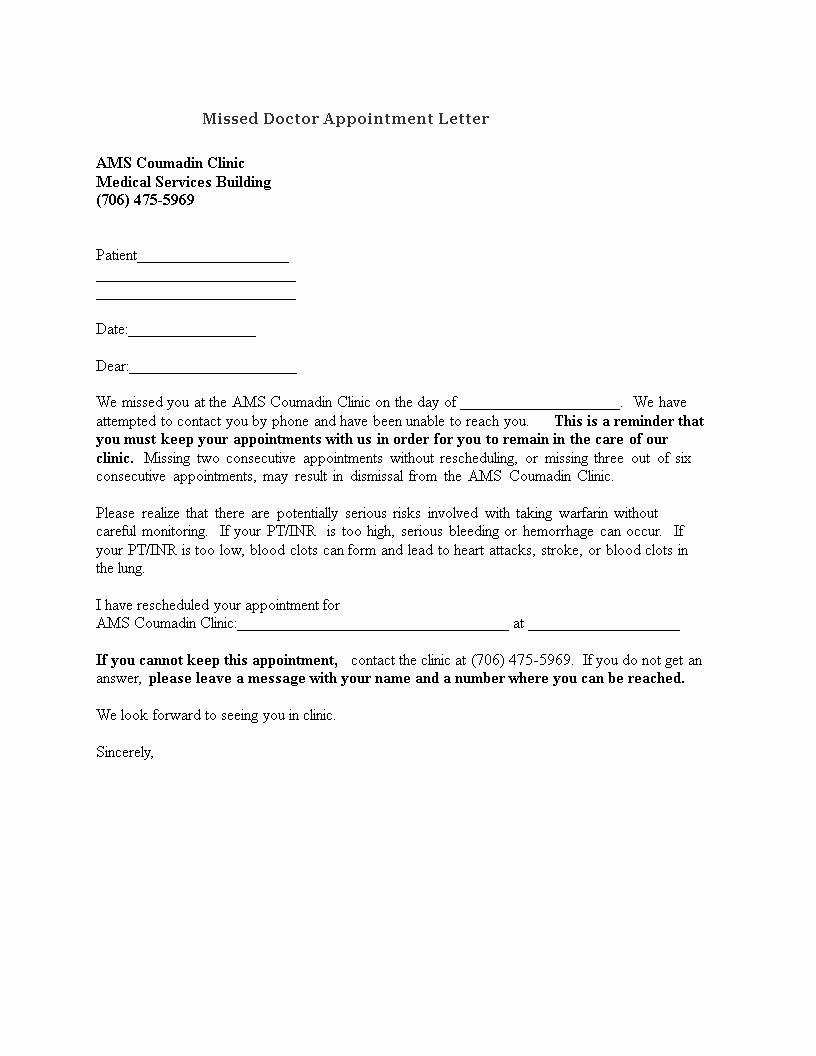Missed Appointment Email Template Unique Free Missed Doctor Appointment Letter to Patient