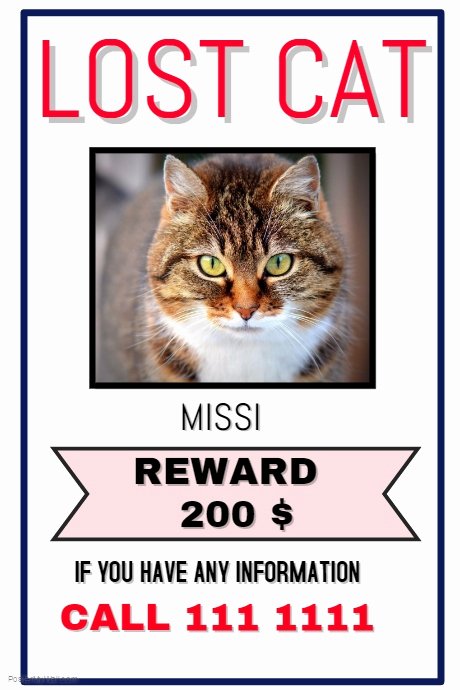 Missing Cat Poster Template Awesome Lost Cat Dog Template