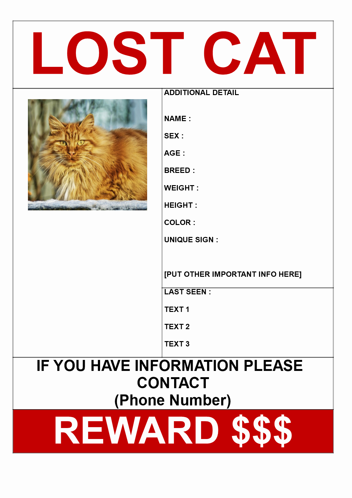 Missing Cat Poster Template Unique Free Find Missing Cat Poster with Reward Template