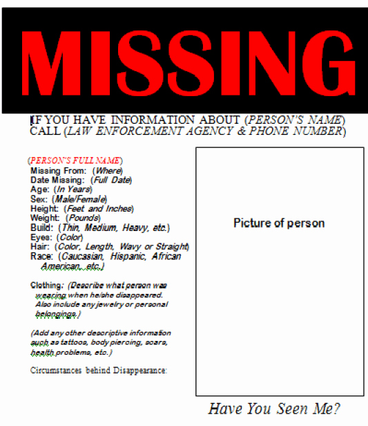 Missing Persons Flyer Template Awesome 21 Free Missing Poster Word Excel formats