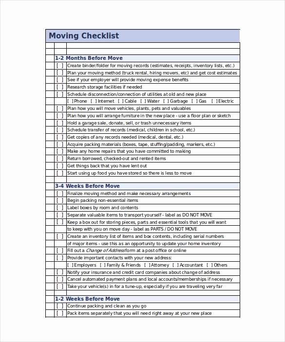 Move In Checklist Template Best Of Moving Checklist Template 20 Word Excel Pdf Documents