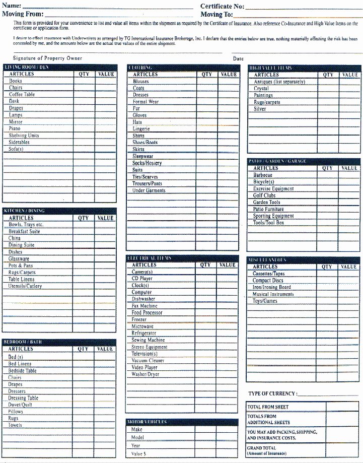 Moving Inventory List Template Fresh &quot;the Paperwork&quot; [ Sample All normal Risks Certificate