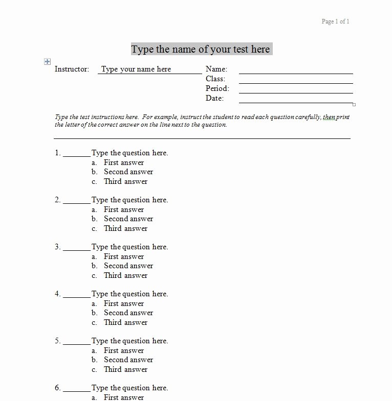 Ms Word Test Template Fresh Multiple Choice Test Template