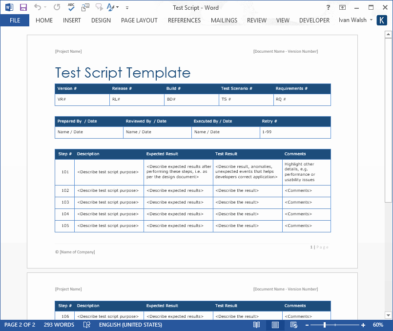 Ms Word Test Template New Test Script Template – Ms Word