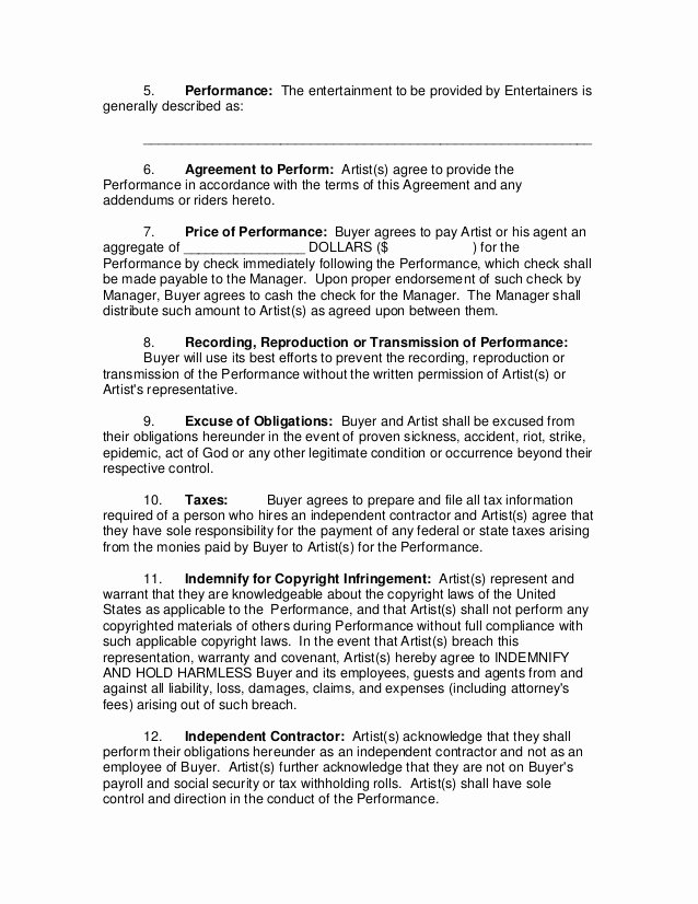 Music Artist Contract Template Inspirational Concert Performance Contract