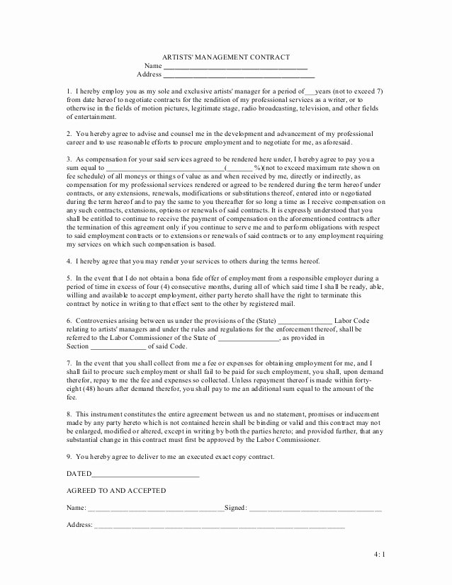 Music Artist Contract Template New Artists Management Contract
