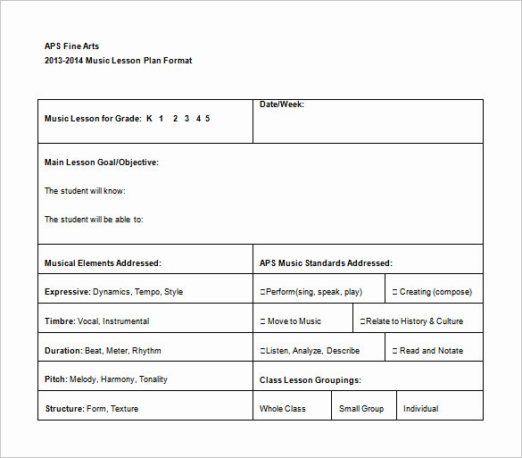 Music Lesson Plan Template Awesome Music Lesson Plan Template 6 Free Sample Example