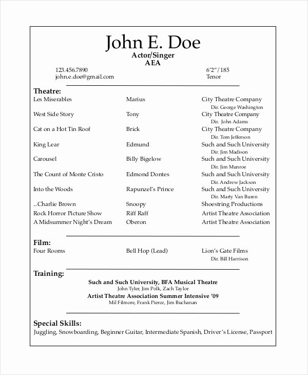 Musical theatre Resume Template Luxury theater Resume Template 6 Free Word Pdf Documents