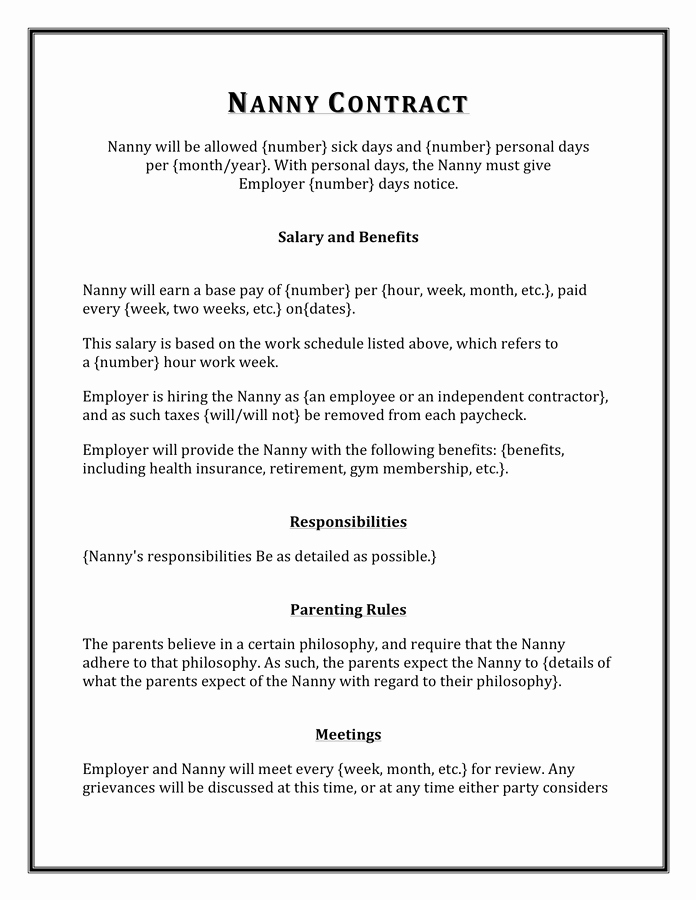 Nanny Contract Template Word Luxury Nanny Contract Sample In Word and Pdf formats