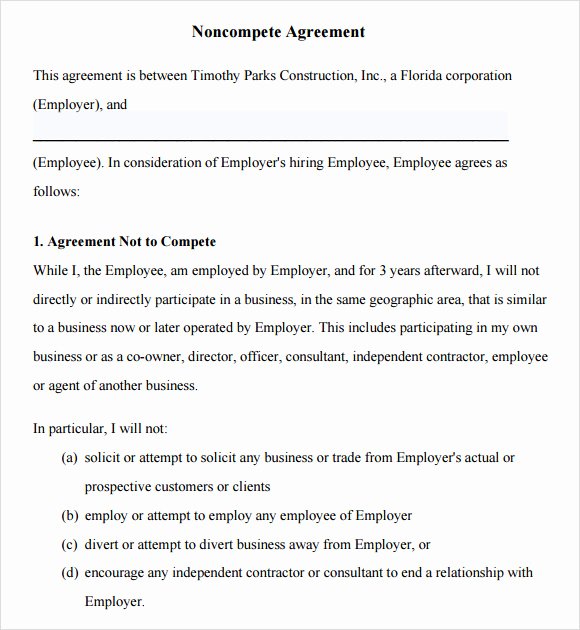 Non Compete Contract Template Fresh 7 Non Pete Agreement Samples Examples Templates