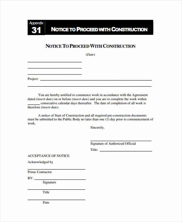 Notice Of Completion Template Elegant 9 Notice to Proceed Templates Free Sample Example