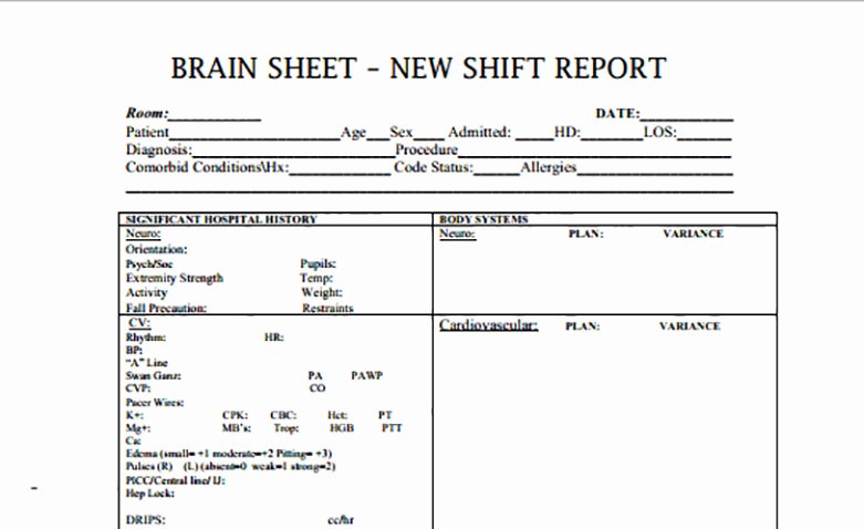 Nursing Report Sheet Template Awesome Nurse Brain Sheets New Shift Report