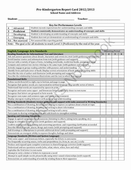 Nyc Report Card Template New Pre Kindergarten Report Card Aligned with Mon Core From