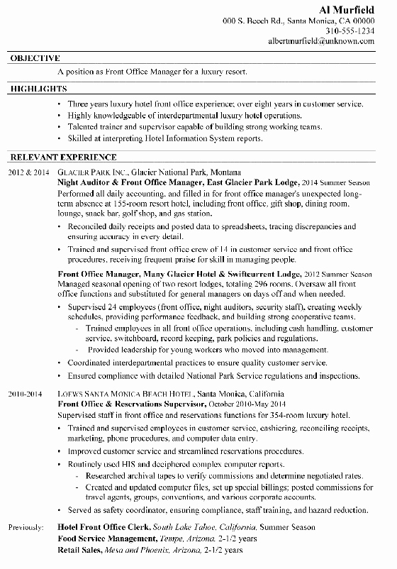 Office Manager Resume Template Elegant Resume Sample Front Fice Manager for A Luxury Resort