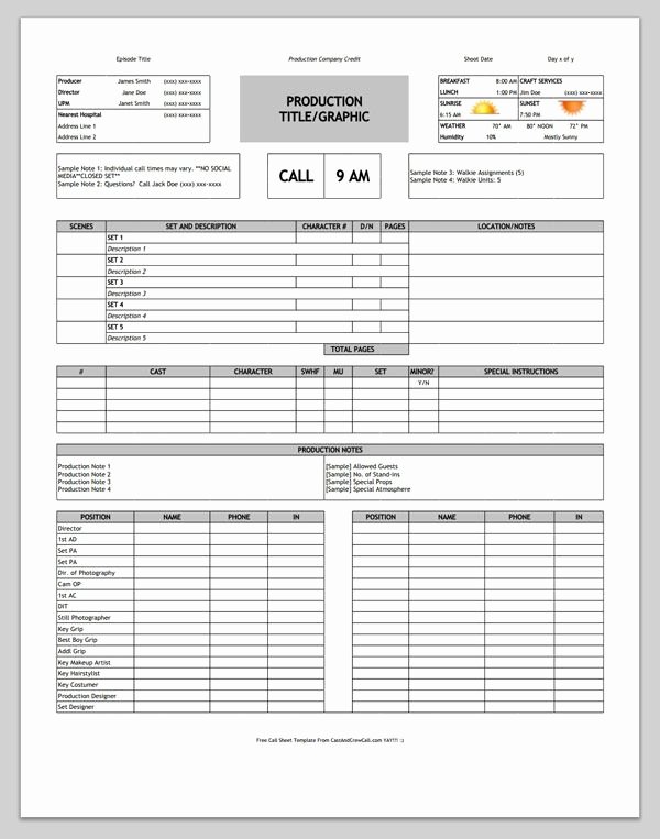 One Sheet Template Free Lovely Download A Free Call Sheet Template to Get Your Crew