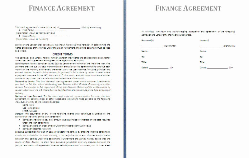 Owner Finance Contract Template New Finance Agreement Template