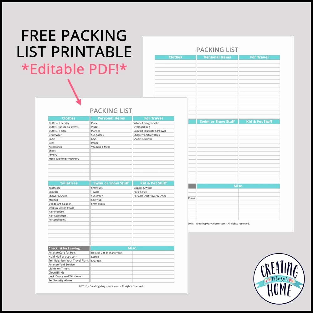 Packing List Template Pdf New Packing List Printable Editable Pdf Creatingmaryshome