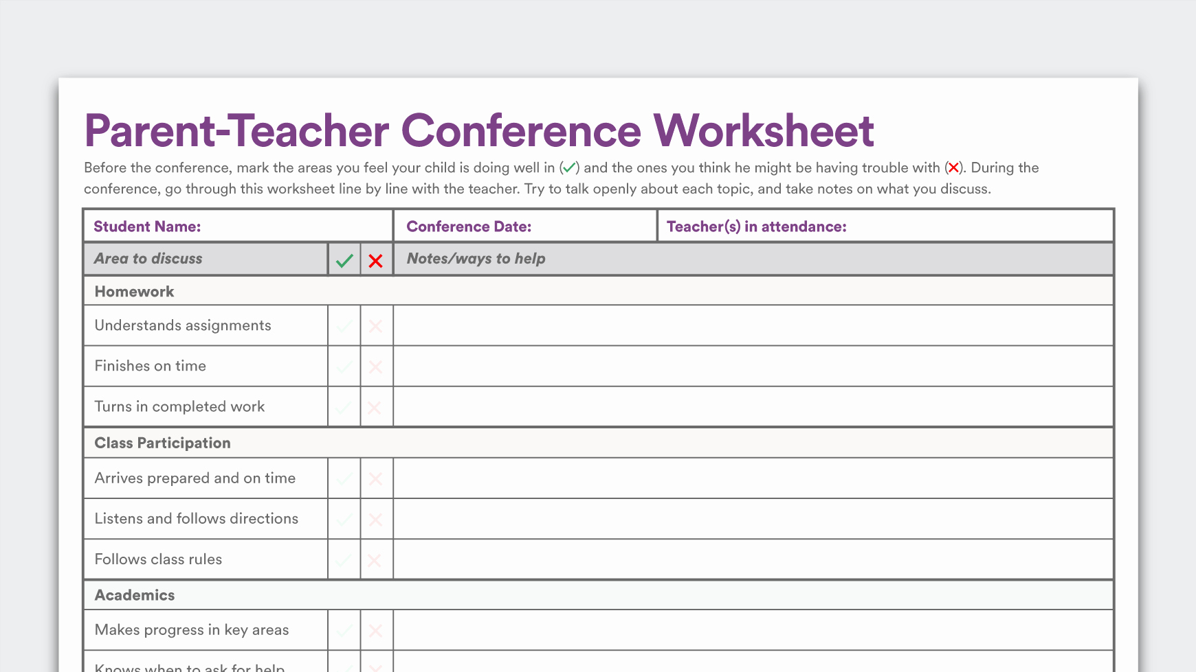 parent teacher conference worksheet