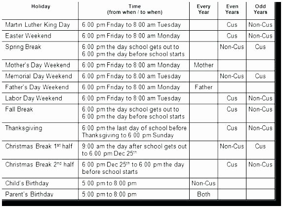 Parenting Time Calendar Template Beautiful Parenting Schedule Template Custody Agreement Example