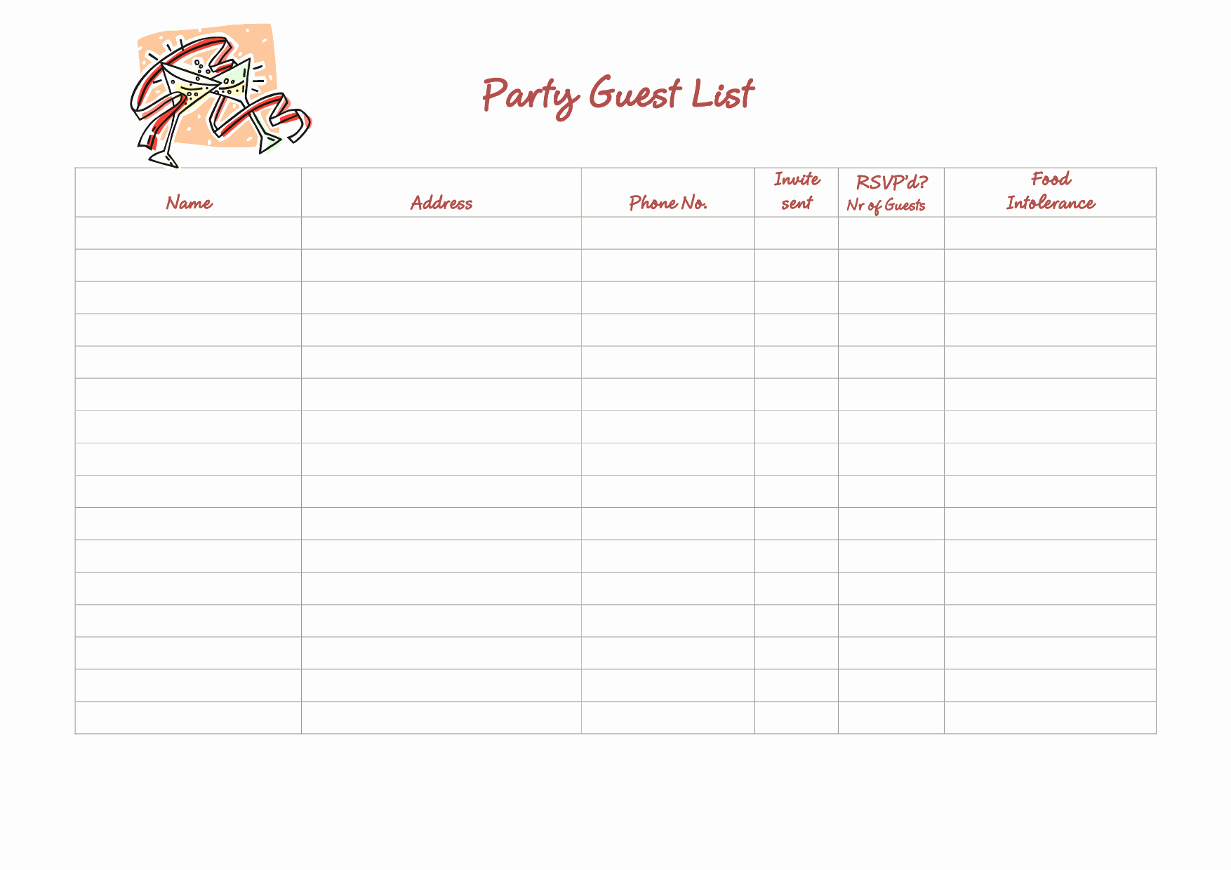 Party Guest List Template Elegant Bridal Party List Template Mughals