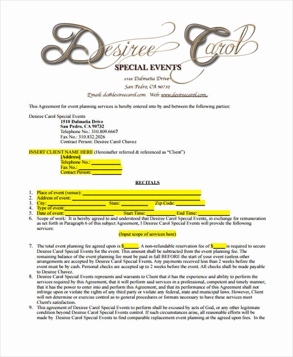 Party Planner Contract Template Best Of 5 Planner Contract Templates Sample Word Google Docs