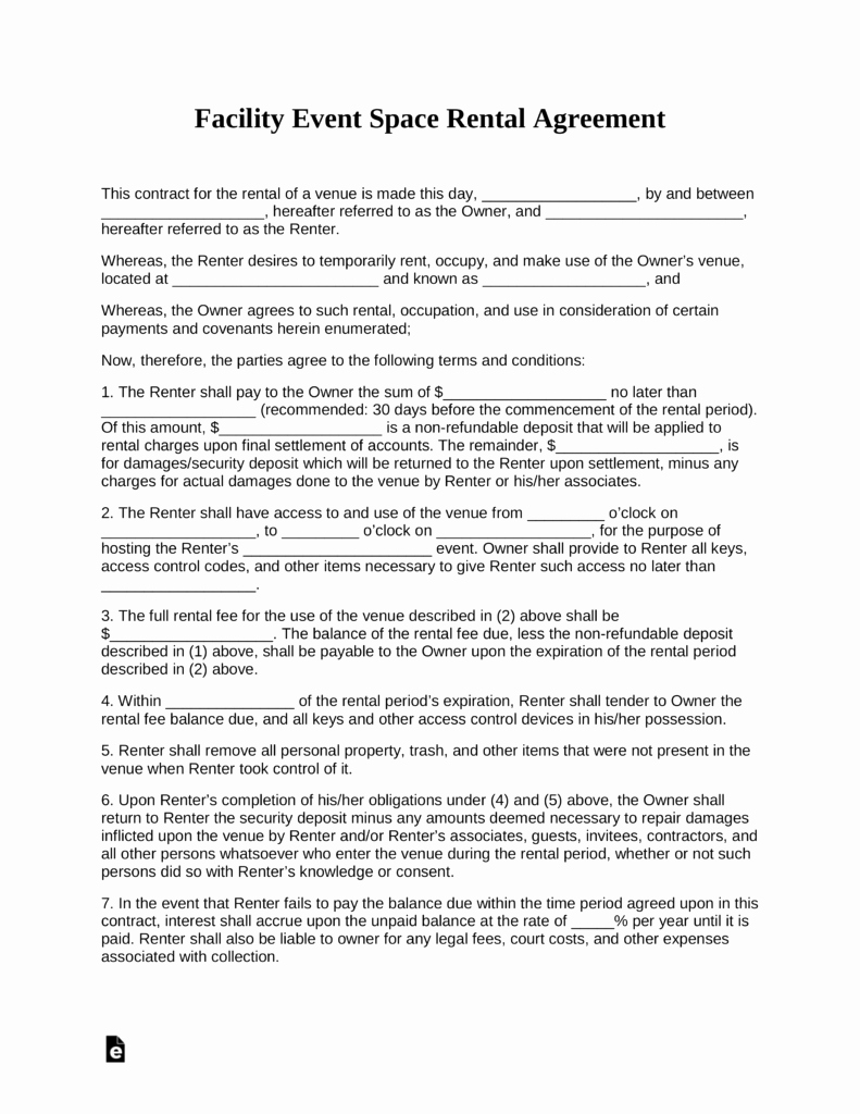 Party Rental Contract Template Unique Free event Facility Space Rental Agreement Template Pdf