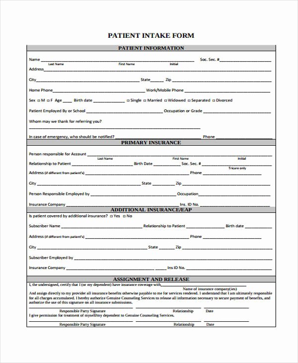 Patient Intake form Template Awesome 48 Counseling form Examples