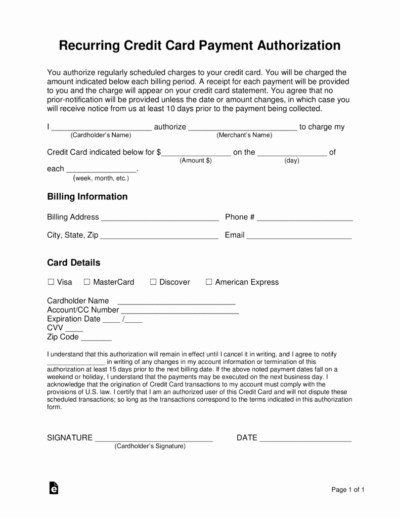 Payment Authorization form Template Inspirational Free Recurring Credit Card Authorization form Word