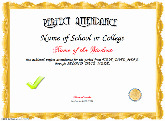 Perfect attendance Award Template Luxury Certificate Of attendance Templates
