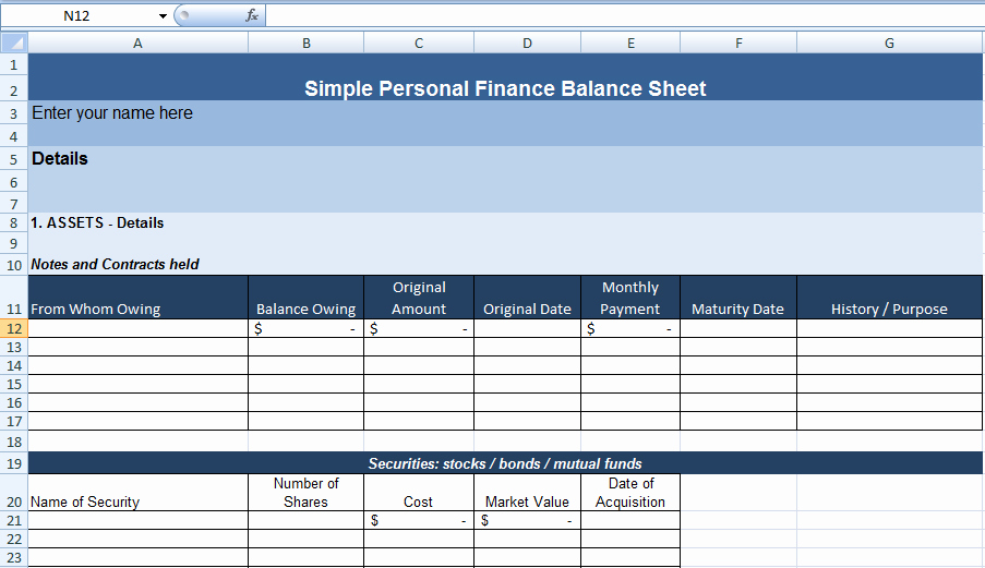 Simple Personal Finance Balance Sheet Template