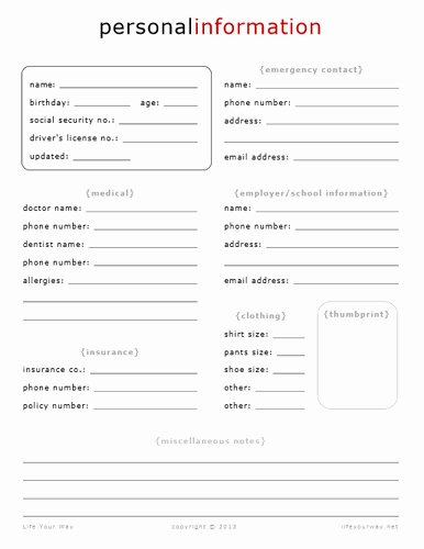 Personal Info forms Template Elegant Personal Information Sheet Life Your Way