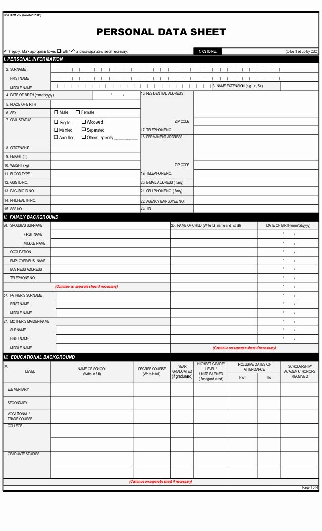 Personal Info forms Template Lovely Personal Data Sheet Pds 2005 Revised