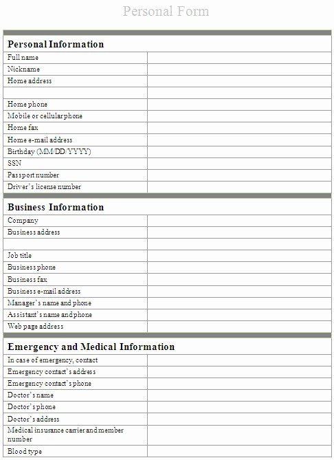 Personal Info forms Template New Emergency Contact form Template for Child
