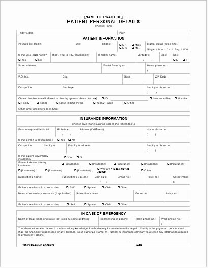 Personal Info forms Template New Patient Personal Details forms for Word