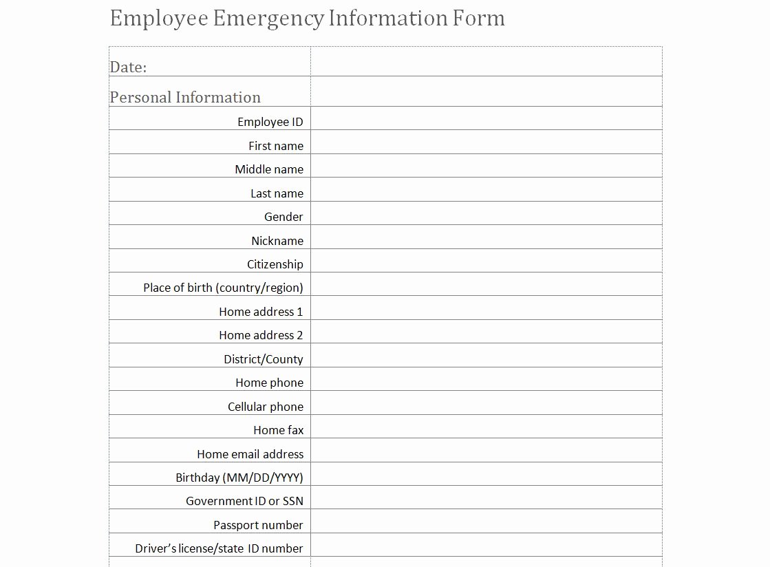 Personal Information form Template Inspirational Employee Emergency Information form Template