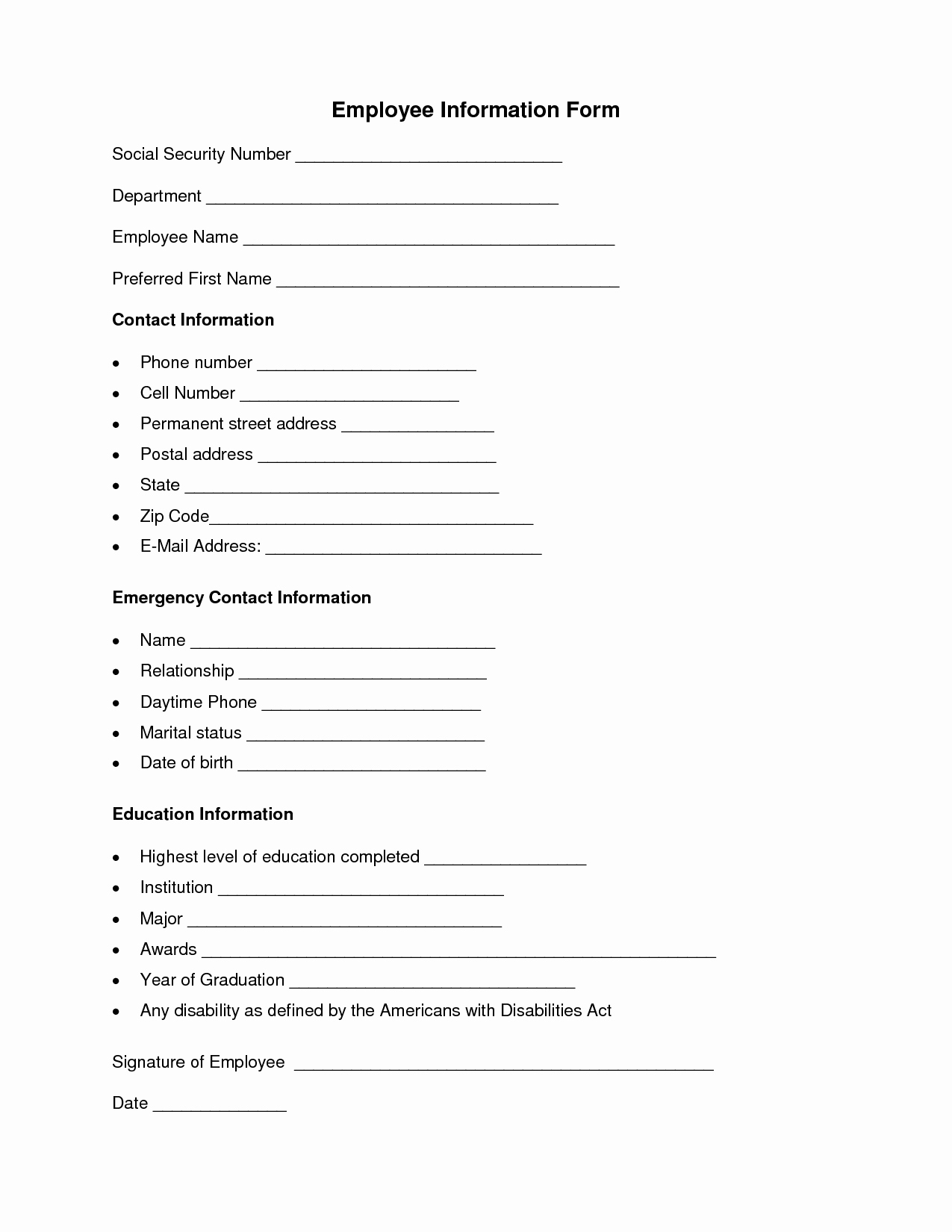 Personal Information form Template New Employee Information form Employee forms