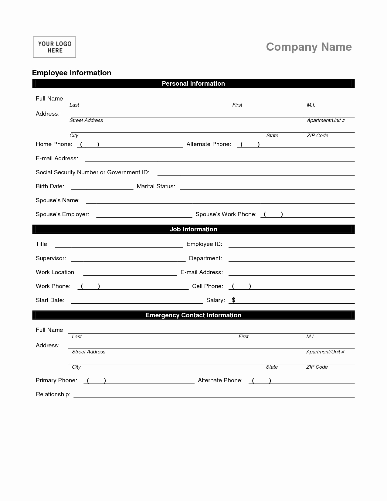 Personal Information form Template New Employee Personal Information form Template