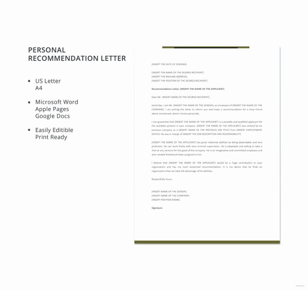 Personal Letter Template Word Fresh Personal Letter Of Re Mendation 16 Free Word Excel