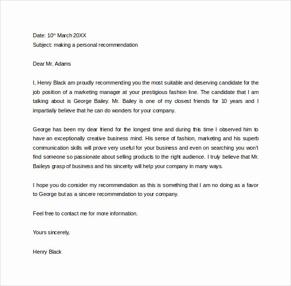 Personal Letter Template Word Fresh Sample Personal Letter Of Re Mendation 16 Download