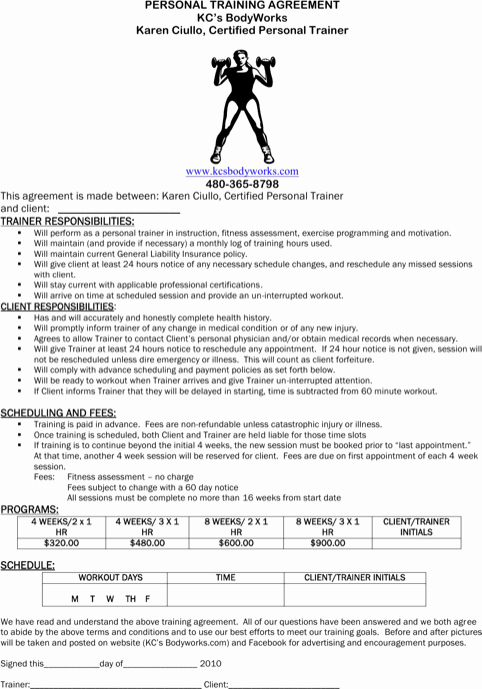 Personal Service Contract Template Unique Download Personal Training Contract Sample for Free