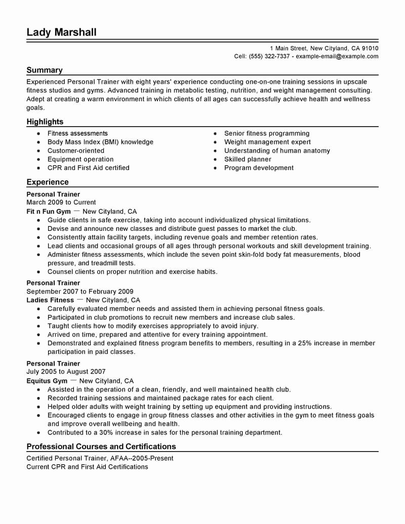 Personal Trainer Resume Template Awesome Best Personal Trainer Resume Example