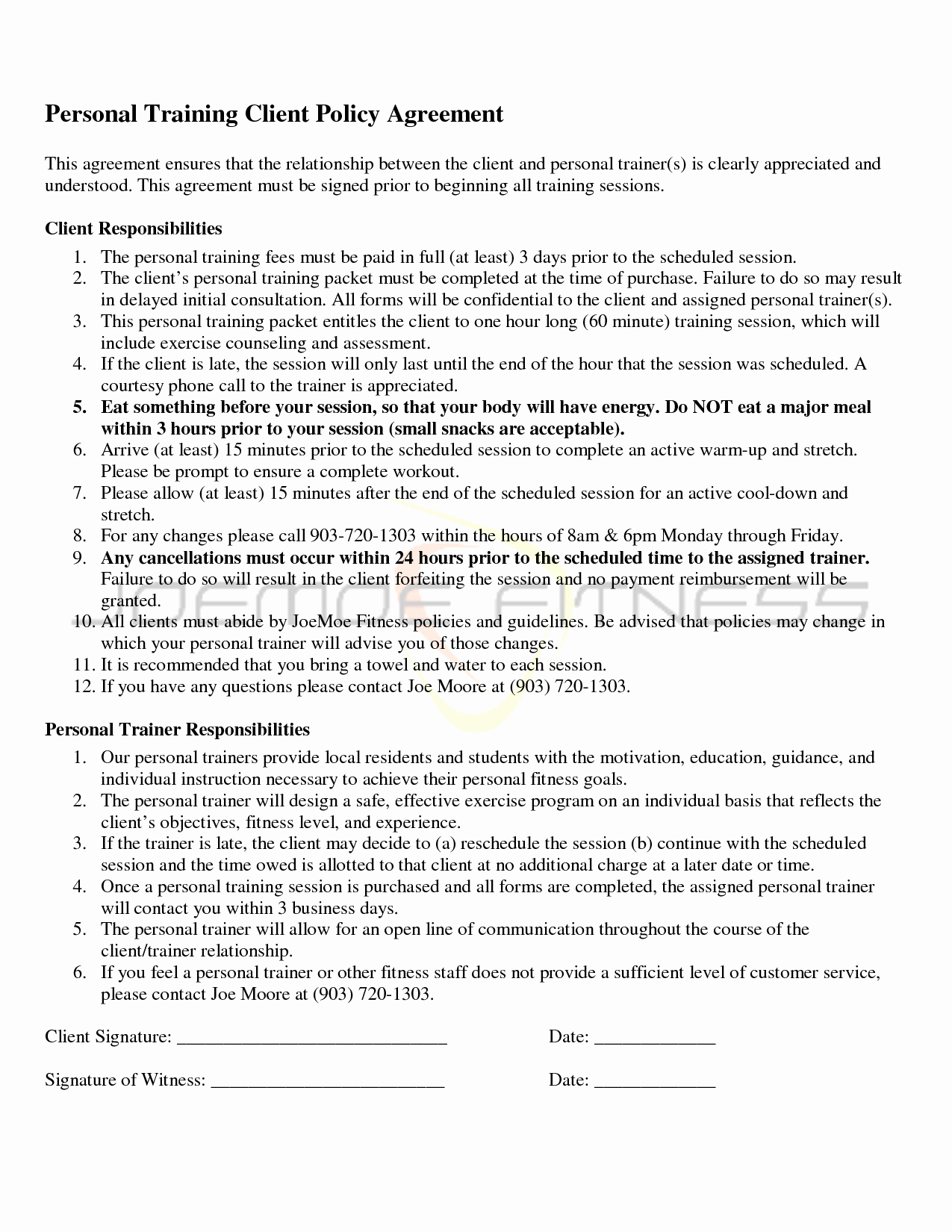 Personal Training Agreement Template New Personal Training Agreement Free Printable Documents