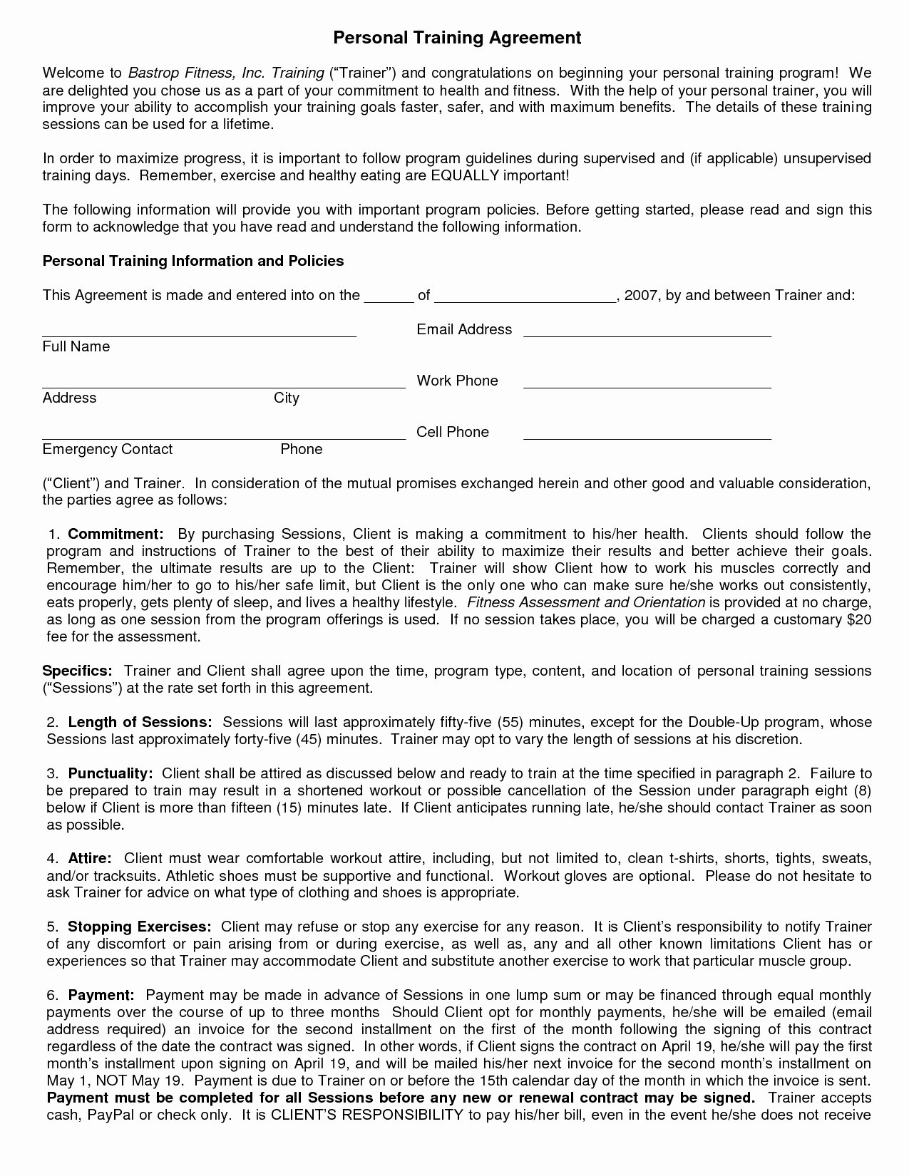 Personal Training Contract Template Best Of Personal Training Service Agreement Excellent 27