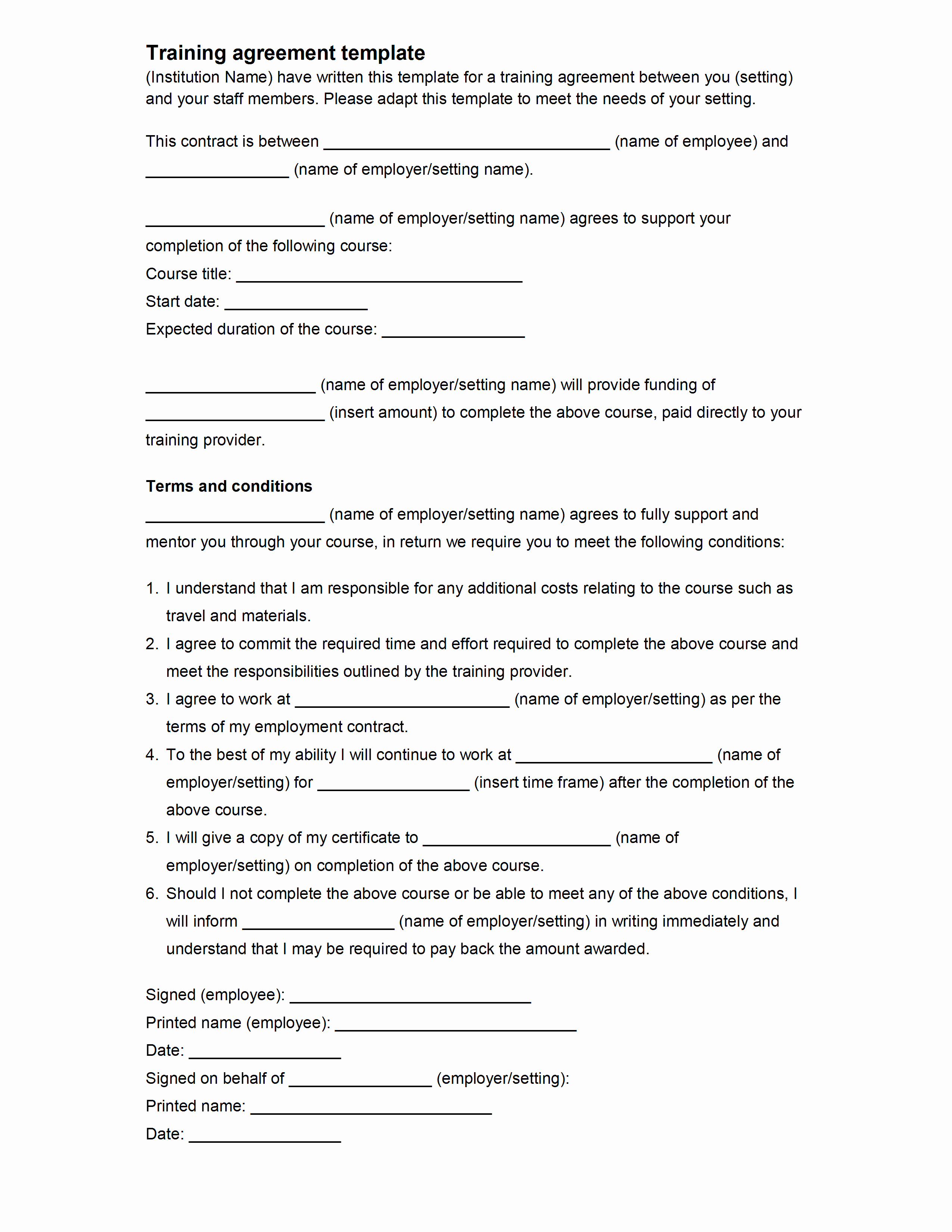 Personal Training Contract Template Fresh Employee Training Agreement Template