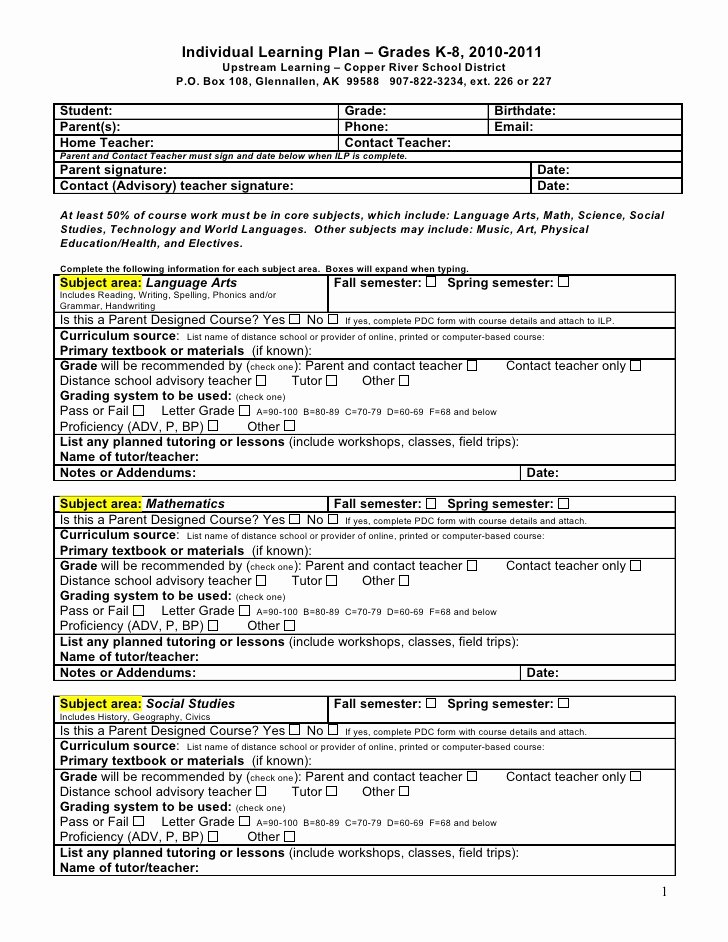 Personalized Learning Plans Template Unique Individual Learning Plan – Grades K 8 2010 2011