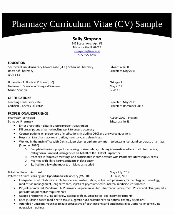 Pharmacy Curriculum Vitae Template Awesome 9 Pharmacist Curriculum Vitae Templates Pdf Doc
