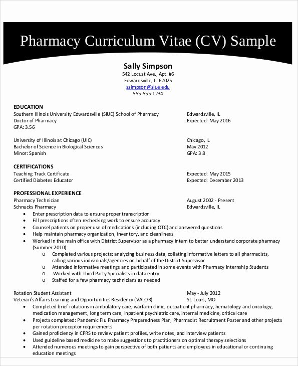Pharmacy Curriculum Vitae Template Unique Pharmacy Curriculum Vitae Examples 9 Pharmacist Curriculum