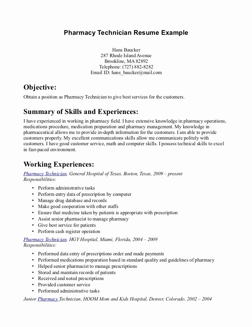 Pharmacy Technician Resume Template Awesome Pharmacy Tech Resume Samples