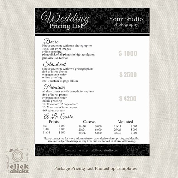 Photography Price Sheet Template Luxury Graphy Package Pricing List Template Wedding