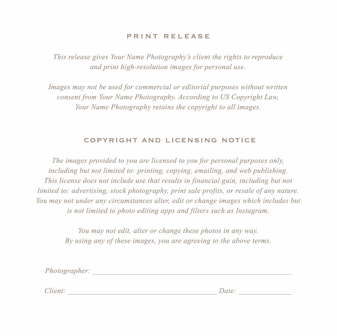 Photography Print Release Template New Grapher Print Release form Flyer Templates On